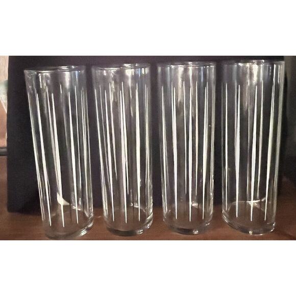 Unmarked Other - Vintage Mid Century Skinny Highball Glasses White Black Pinstripes Set Of 4